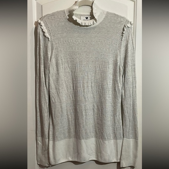 Obermeyer Gray and Cream Ruffle Sleeve Neck Mock Turtle Silk Blend Sweater - Picture 1 of 11